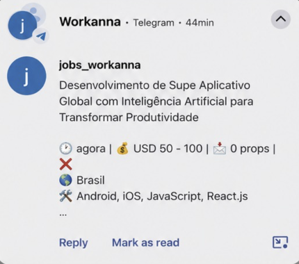 Notificação push de um novo projeto do Workana chegando no Telegram