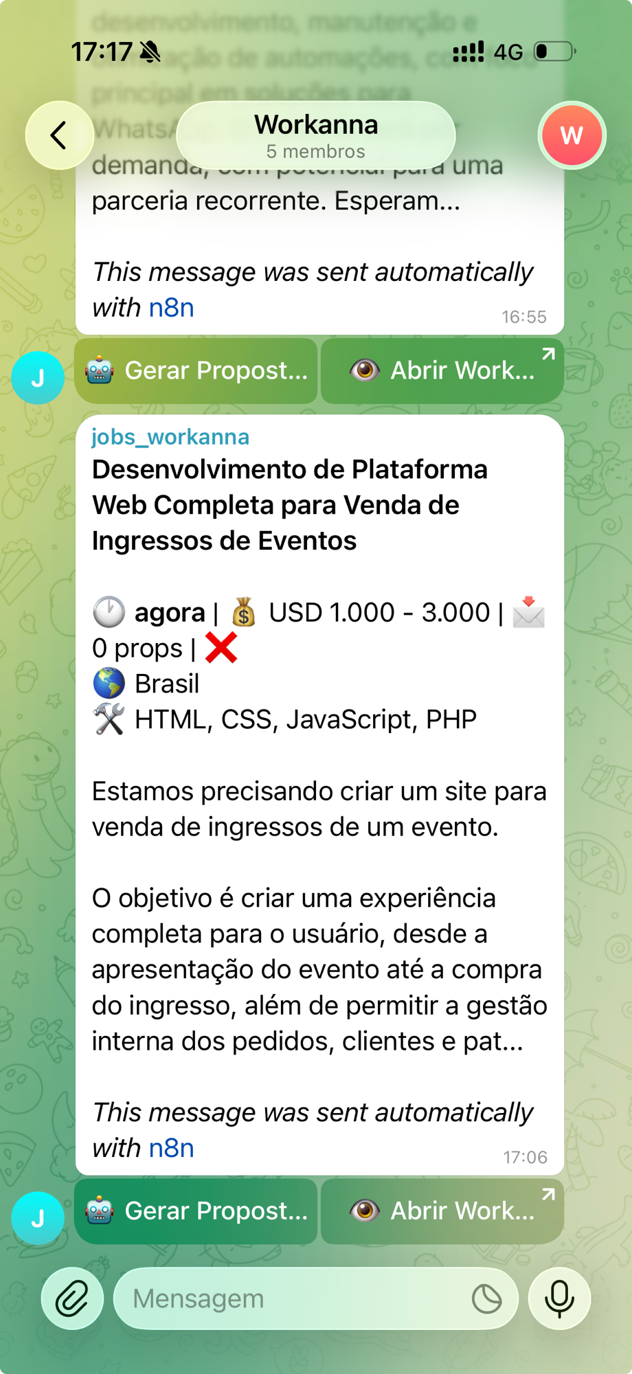 Print real do grupo do Freela+ no Telegram mostrando projetos do Workana